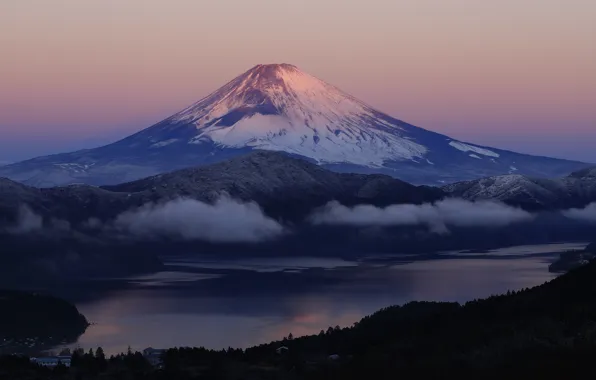 Mountains, fog, lake, shore, mountain, the volcano, twilight, pond