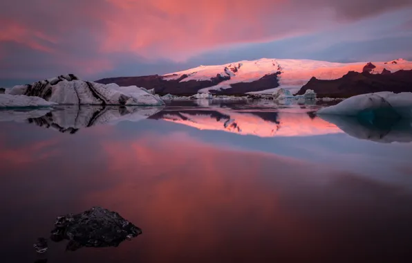 Winter, snow, mountains, reflection, shore, pond