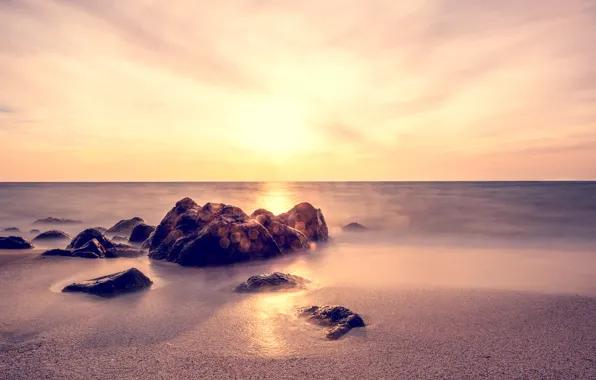 Picture sand, sea, sunset, stones