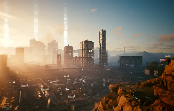 The sky, The city, The game, Light, Height, Cyberpunk 2077, Cyberpunk, Cyberpunk