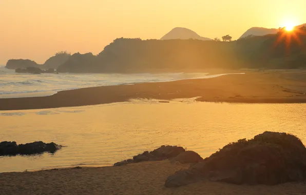 Sea, the sun, rays, light, landscape, sunset, mountains, nature