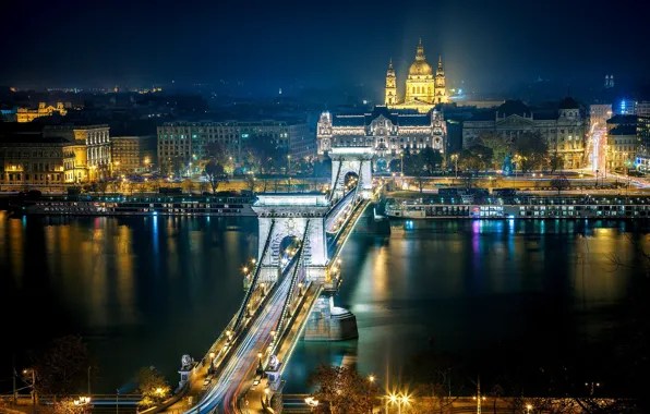 Picture road, night, the city, river, building, home, excerpt, lighting