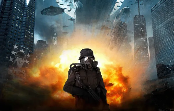 The explosion, fire, UFO, skyscrapers, soldiers, machine, Iron sky, Iron Sky