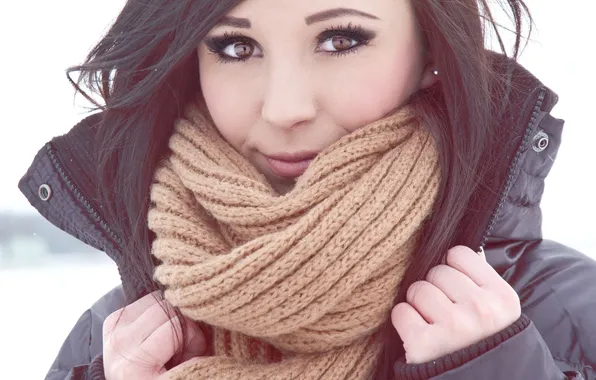 Winter, eyes, look, girl, scarf, brunette, beautiful, brown