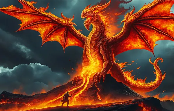 Dragon, the volcano, fantasy, fire dragon