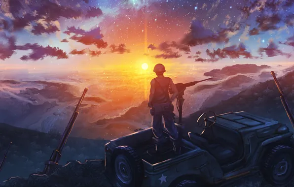 Sunset, Truck, Soldiers