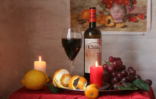 Picture wine, lemon, candles, grapes, still life