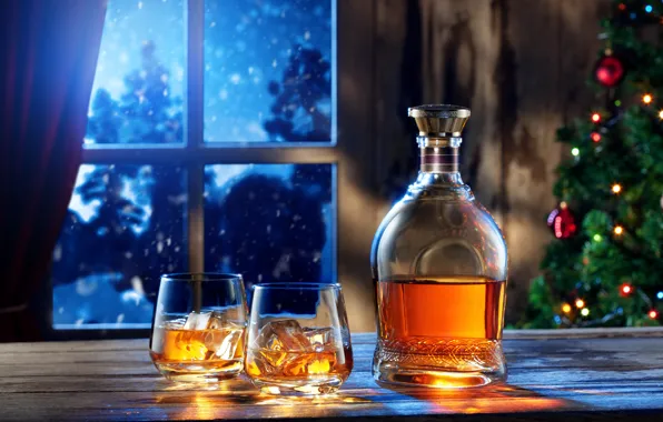 Night, Bottle, New Year, Ice, Window, Two, Food, Whiskey