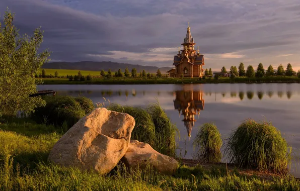 Picture grass, landscape, sunset, mountains, nature, lake, reflection, stones