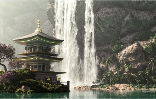 Water, mountains, waterfall, pagoda, flowering tree, 3DLandscapeArtist