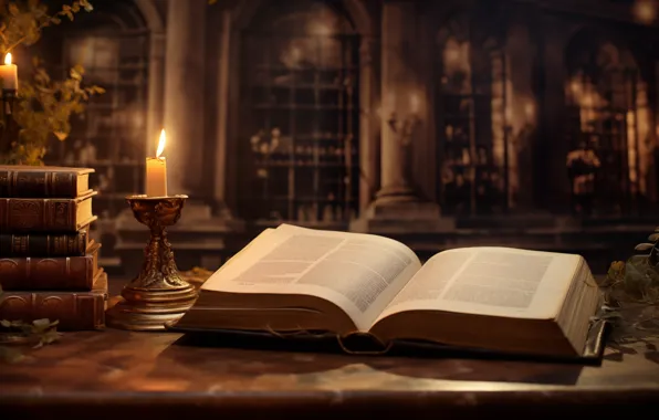 Picture digital art, candles, books, desk, AI art