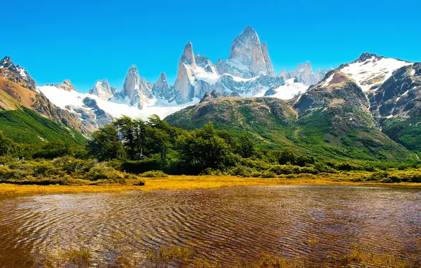 Snow, mountains, lake, rocks, Argentina