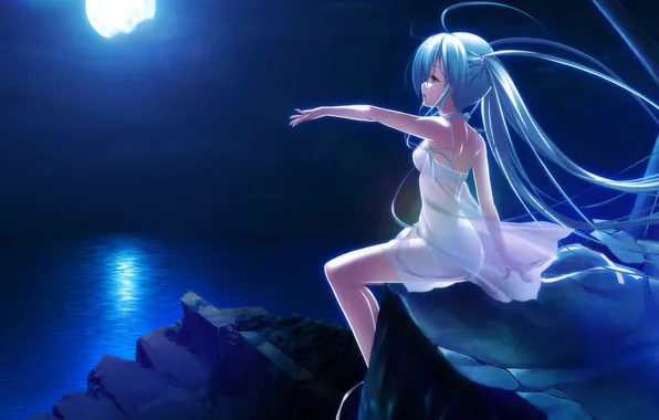 Sea, girl, night, the full moon, gesture, art, makita maki, gensou no idea