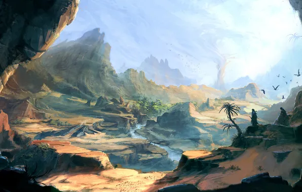 Picture landscape, river, rocks, art, Prince of Persia, travelers
