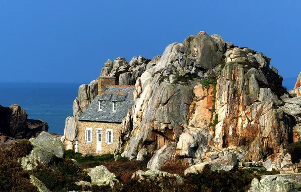 Picture sea, house, stones, rocks