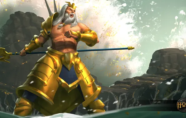 Sea, water, rocks, Trident, beard, art, Heroes of Newerth, Poseidon