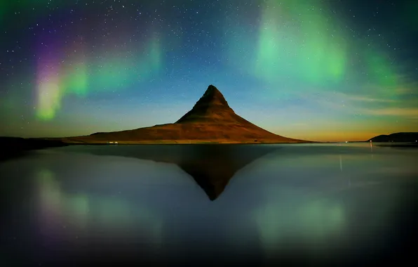 Mountains, lake, reflection, mirror, Iceland, Kirkjufell, auroras