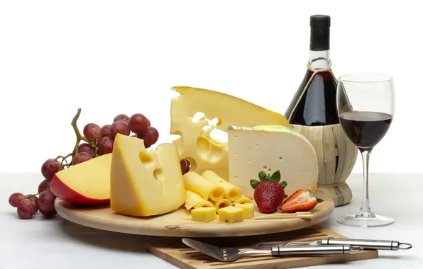 Wine, glass, bottle, cheese, strawberry, grapes, knife, tray