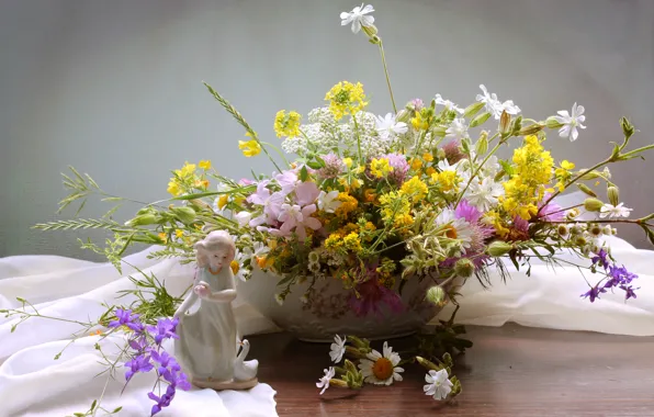 Summer, bouquet, girl, figurine, wildflowers