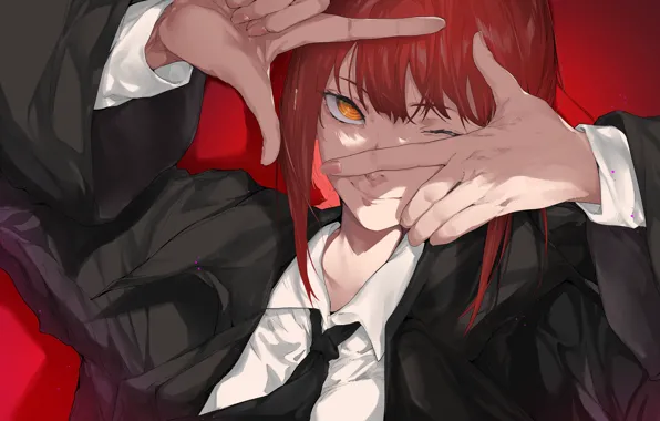 Girl, red background, Chainsaw Man, Makima