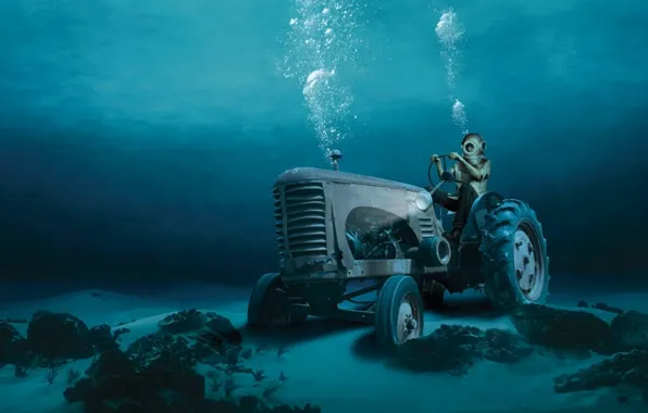 Picture water, bubbles, the bottom, the diver, tractor