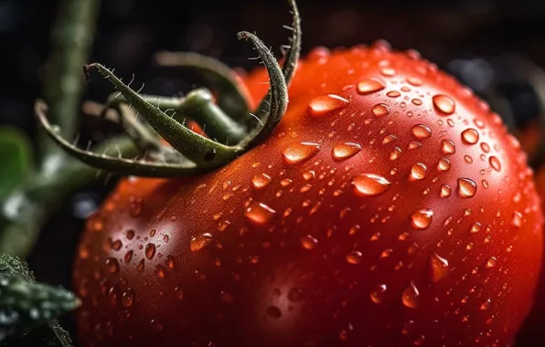 Drops, macro, close-up, the dark background, moisture, food, tomato, tomato