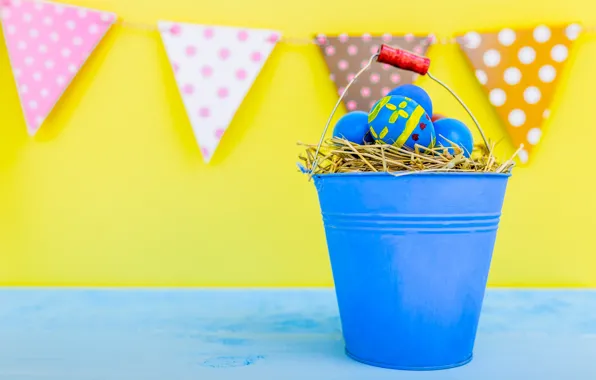 Holiday, eggs, Easter, socket, bucket, straw, garland, flags
