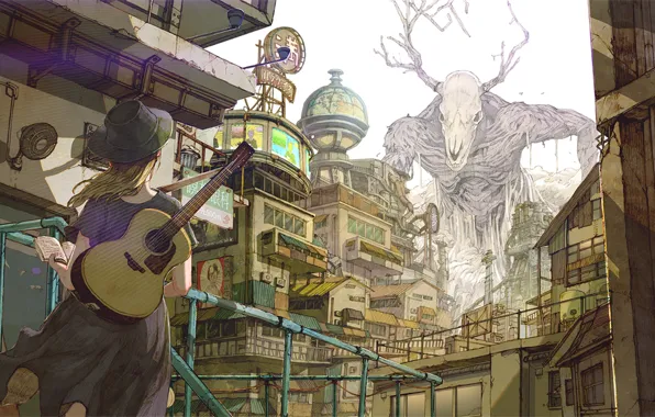 Girl, the city, guitar, monster