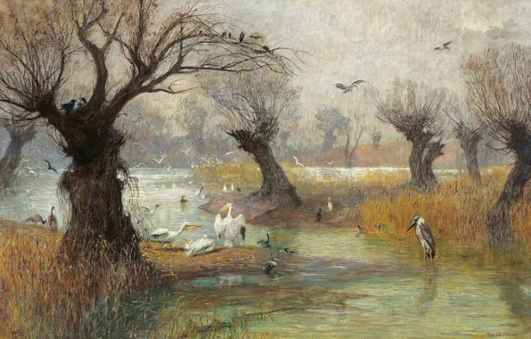 Austrian painter, oil on canvas, Pelicans on the river, Hugo Charlemont, Pelicans on the Riverbank, …