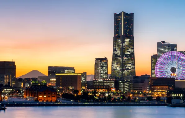 Sunset, lights, shore, home, the evening, Japan, panorama, Bay