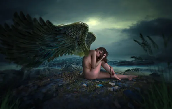 Erotic, girl, night, stones, shore, body, wings, angel