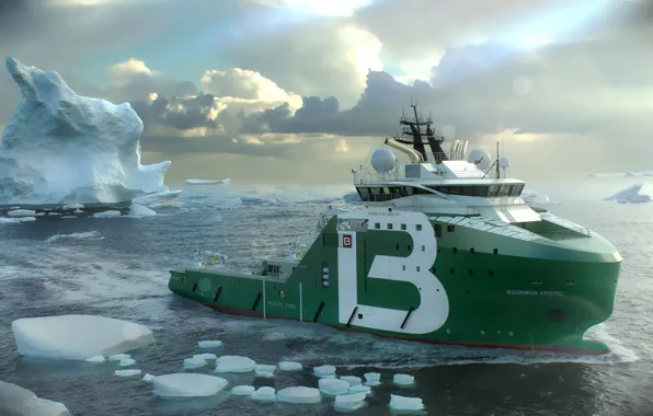 Sea, Ice, Iceberg, The ship, Rendering, Arctic, Side view, Bourbon
