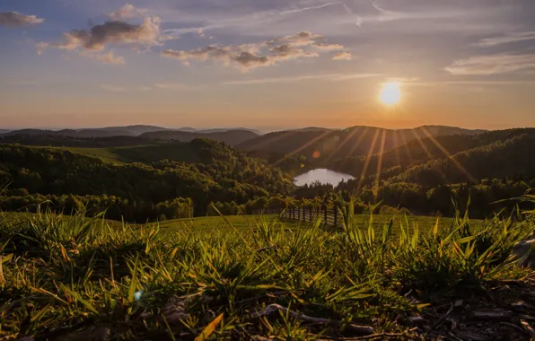 Picture the sun, sunset, lake, hills, vegetation, meadow
