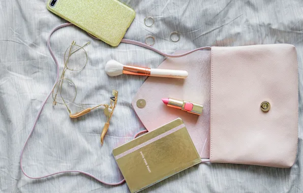 Lipstick, glasses, Notepad, brush, phone, bag
