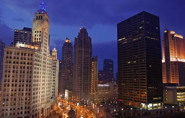 Picture the sky, night, river, building, skyscrapers, panorama, USA, America