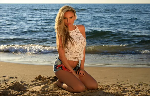 Picture sand, sea, beach, the sun, pose, shorts, makeup, Mike