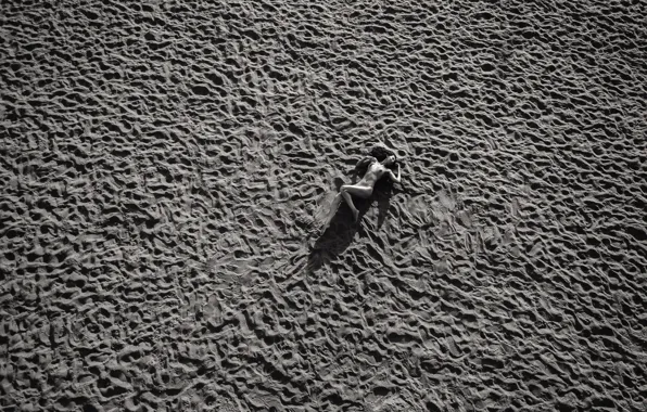 Sand, chest, girl, traces, mood, naked, body, black and white