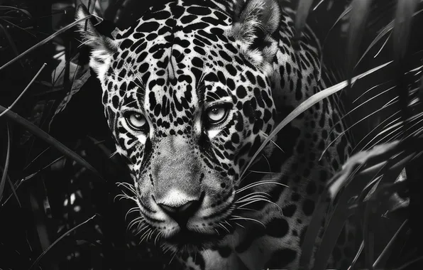 Picture Look, Leaves, Jaguar, Face, Predator, Digital art, Black and white, Big cat