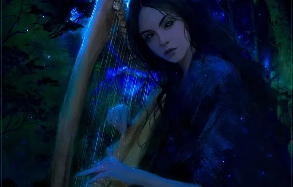 Girl, night, harp, from panda, by panda