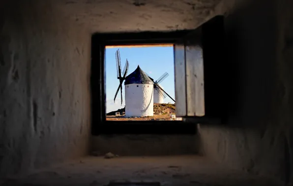 Landscape, window, mill