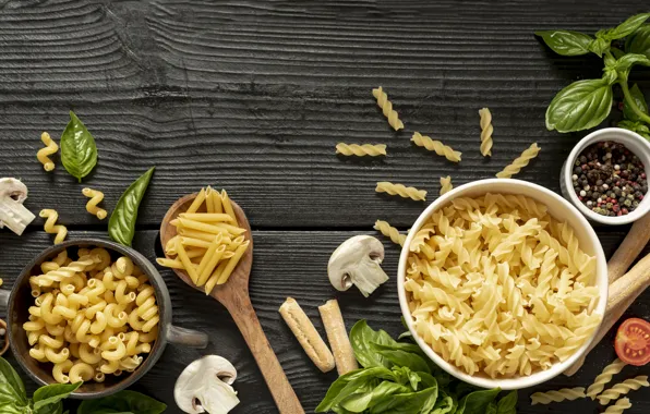 Mushrooms, pepper, tomato, tomato, spices, pasta, pasta, Basil