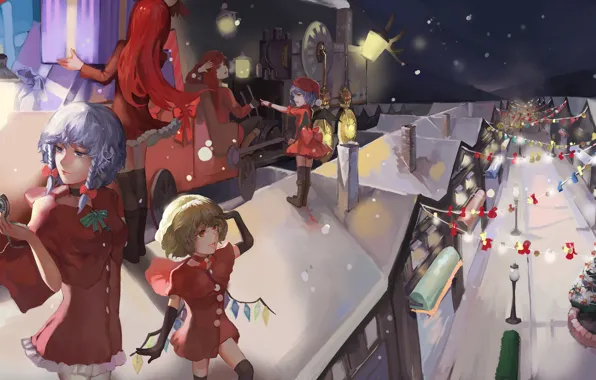 Train, lanterns, Christmas gifts, Izayoi Sakuya, Hong Meiling, Touhou Project, Remilia Scarlet, Flandre Scarlet