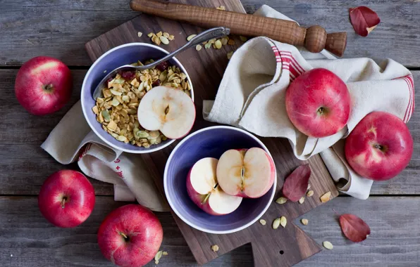 Apples, food, Breakfast, plates, fruit, granola