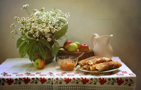 Summer, flowers, apples, August, pitcher, still life, pancakes, Apple spas