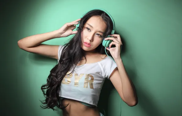 Picture girl, face, pose, music, background, hair, hands, headphones