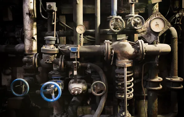 Pipe, crane, valves, pressure gauges, valves, boiler, valves, steam manifold
