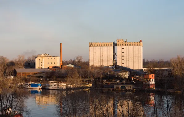 The sky, trees, river, plant, building, the evening, Russia, architecture