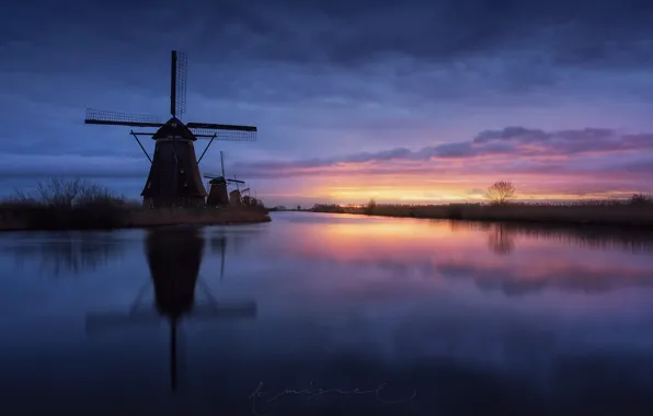 The sky, water, clouds, the evening, channel, Netherlands, windmills