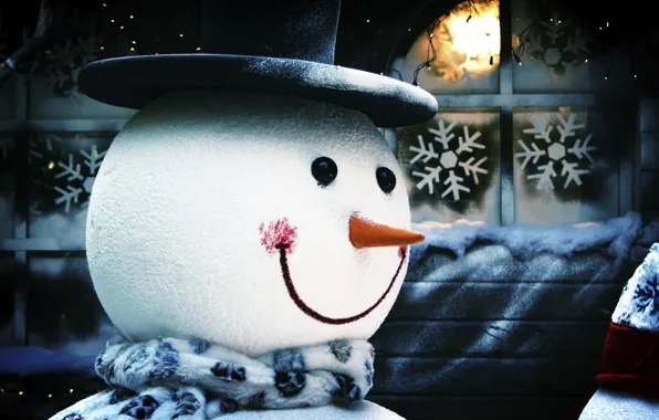 Picture snowflakes, new year, snowman, in the header, Christmas background, nose-carrot, the scarf