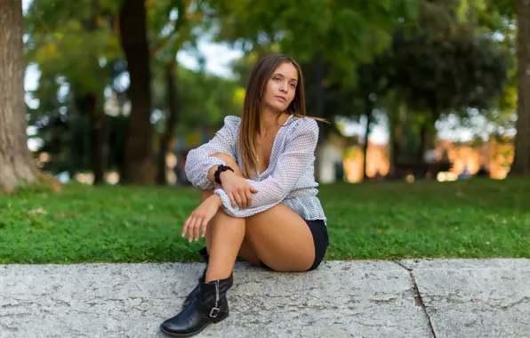 Picture pose, blouse, legs, sitting